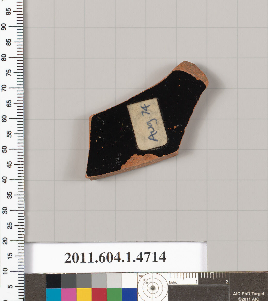 Terracotta fragment of a kylix (drinking cup), Terracotta, Greek, Attic