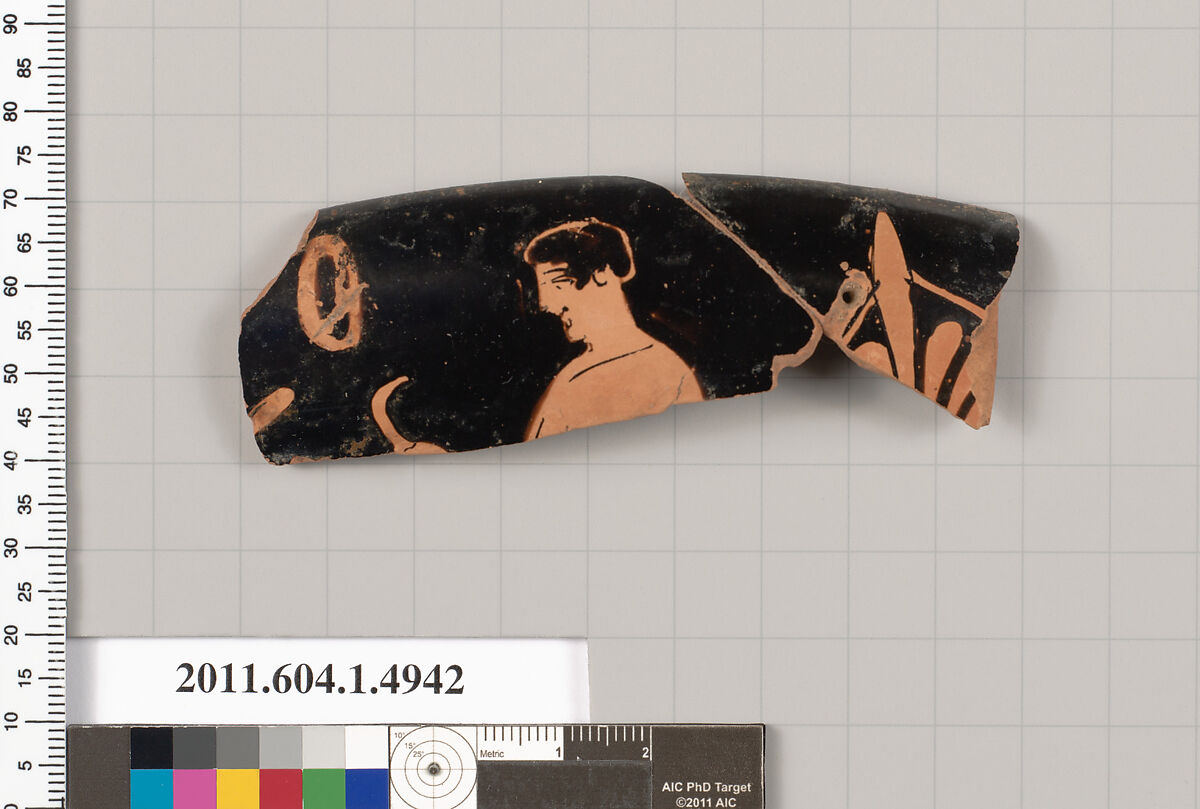 Terracotta rim fragment of a kylix (drinking cup), Terracotta, Greek, Attic 