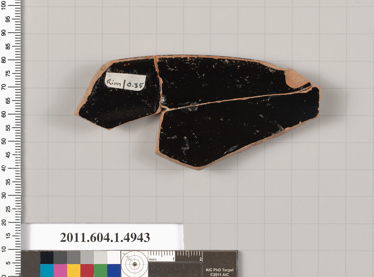 Terracotta rim fragment of a kylix (drinking cup), Terracotta, Greek, Attic