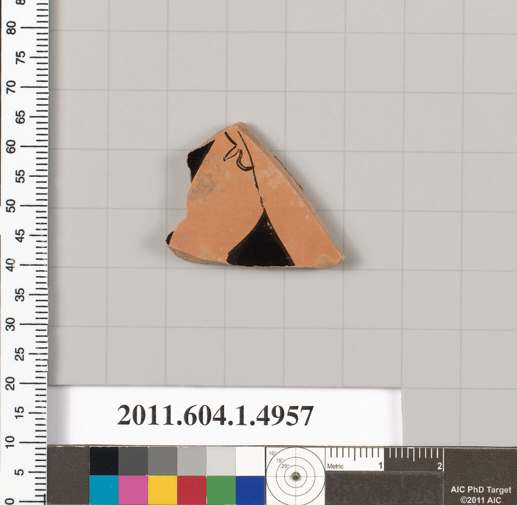 Terracotta fragment of a kylix (drinking cup), Terracotta, Greek, Attic