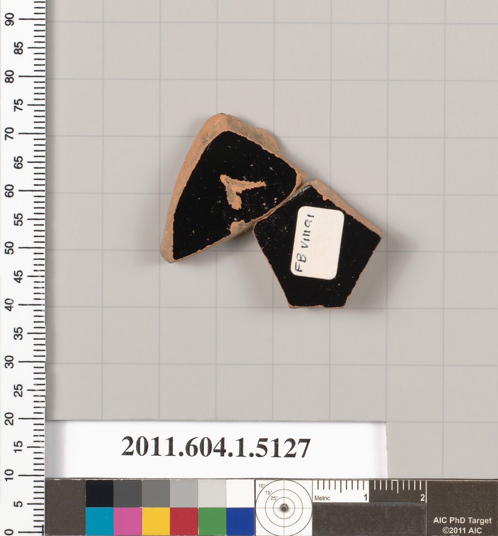 Terracotta fragment of a kylix (drinking cup), Terracotta, Greek, Attic