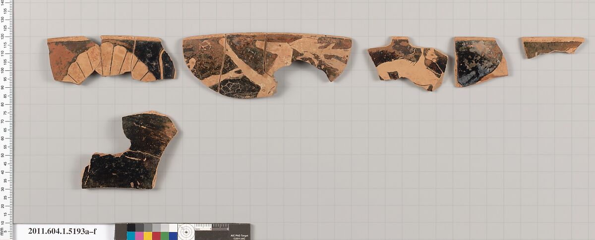 Terracotta fragments of a kylix (drinking cup), Terracotta, Greek, Attic