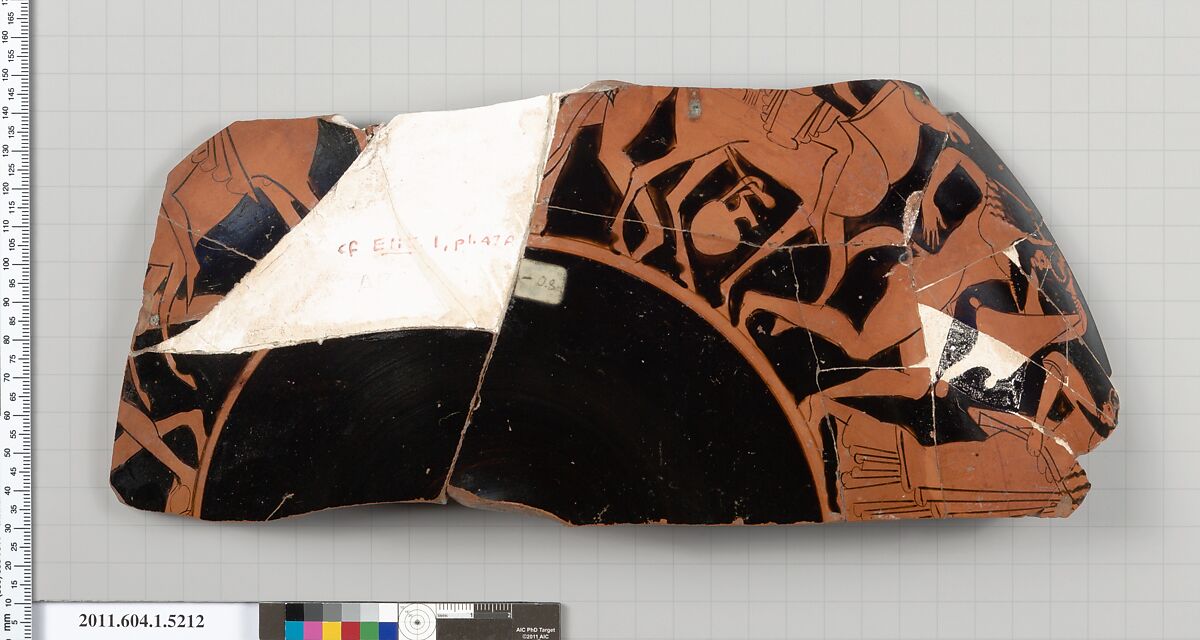 Terracotta fragment of a kylix (drinking cup), Terracotta, Greek, Attic