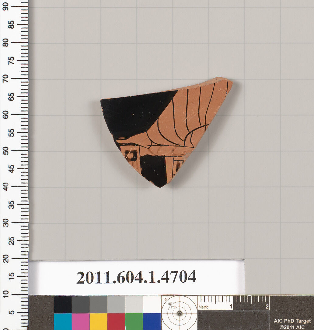 Terracotta fragment of a kylix (drinking cup), Attributed to the Epeleios Painter [DvB], Terracotta, Greek, Attic 