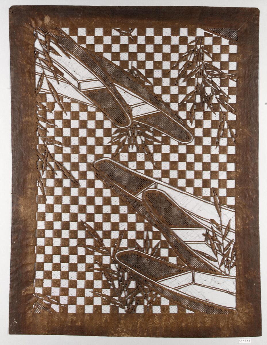 Stencil with Pattern of Boats and Reeds on a Checked Background, Paper reinforced with silk, Japan 