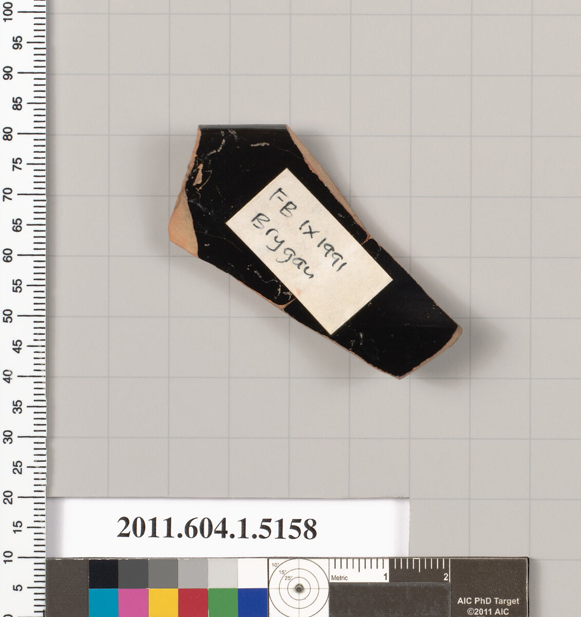 Terracotta rim fragment of a kylix (drinking cup), Attributed as Brygan [DvB], Terracotta, Greek, Attic