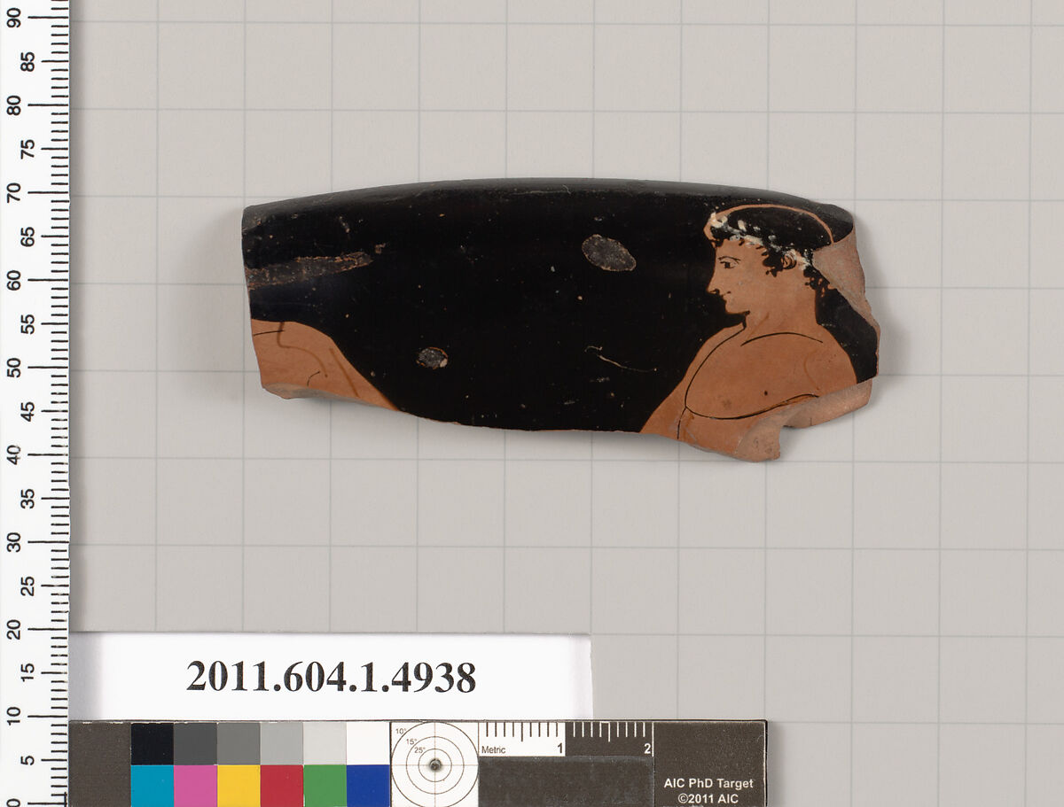 Terracotta rim fragment of a kylix (drinking cup), Attributed to the Calliope Painter [DvB], Terracotta, Greek, Attic 