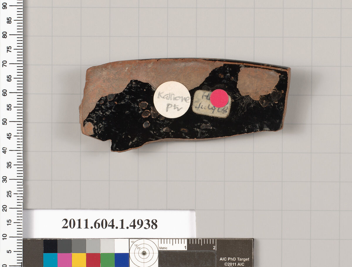 Terracotta rim fragment of a kylix (drinking cup), Attributed to the Calliope Painter [DvB], Terracotta, Greek, Attic