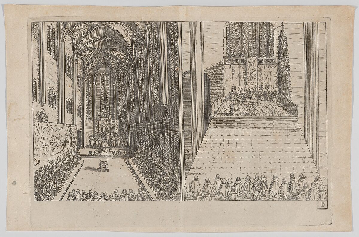 Plate B: Election and Coronation of Emperor Maximilian II, Anonymous, German, 17th century, Etching 