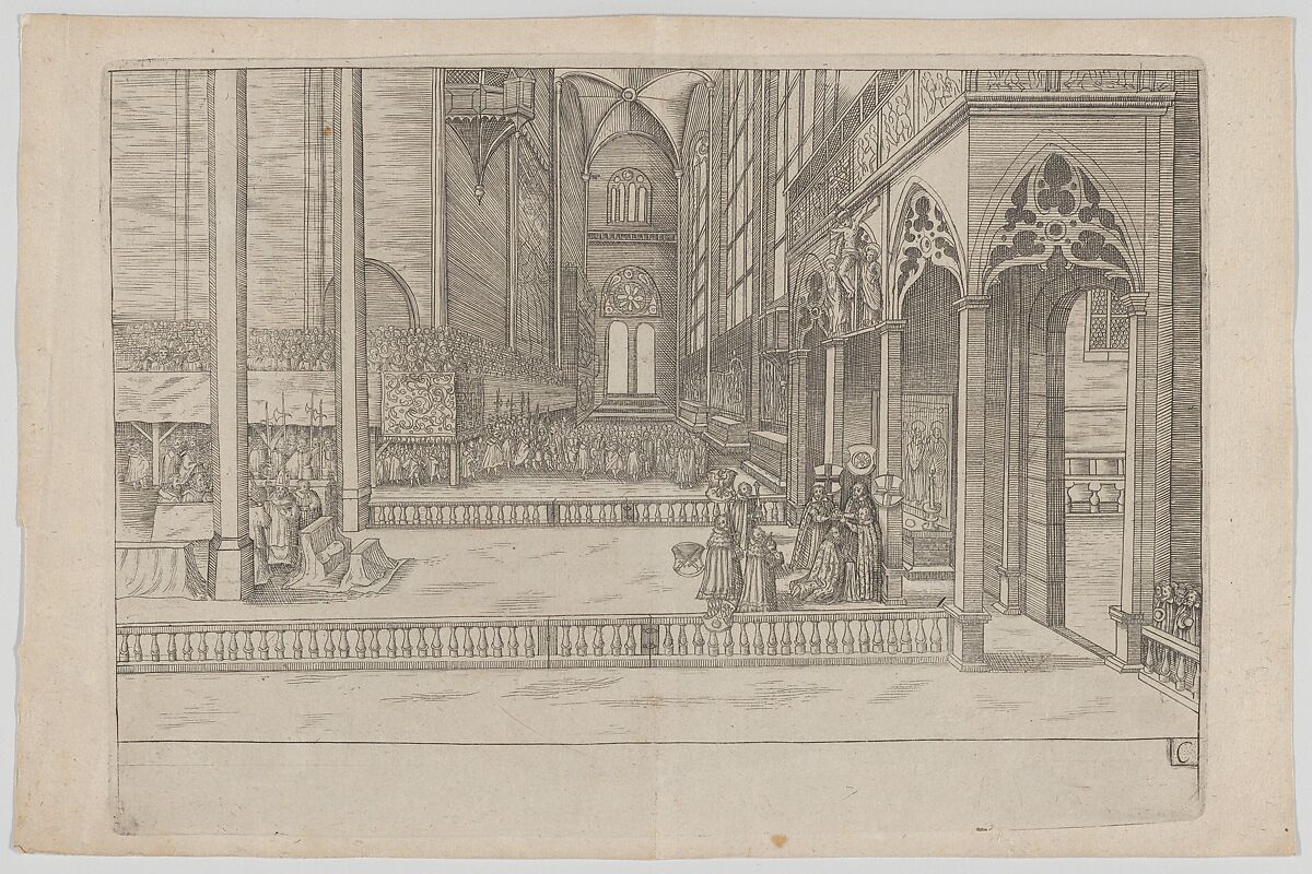 Plate C: Election and Coronation of Emperor Maximilian II, Anonymous, German, 17th century, Etching 