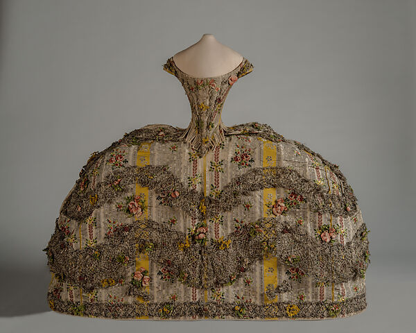 Doll’s Court Gown (grand habit de poupée), Silk brocade, metal thread, metal lace, spangles, silk ribbon flowers, whalebone, French 