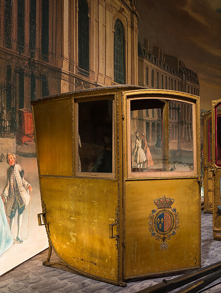 Sedan Chair, Carved and gilded wood; gilt bronze; leather; velvet, gold galloon; silk taffeta; carved, painted, and gilded wooden poles, French 