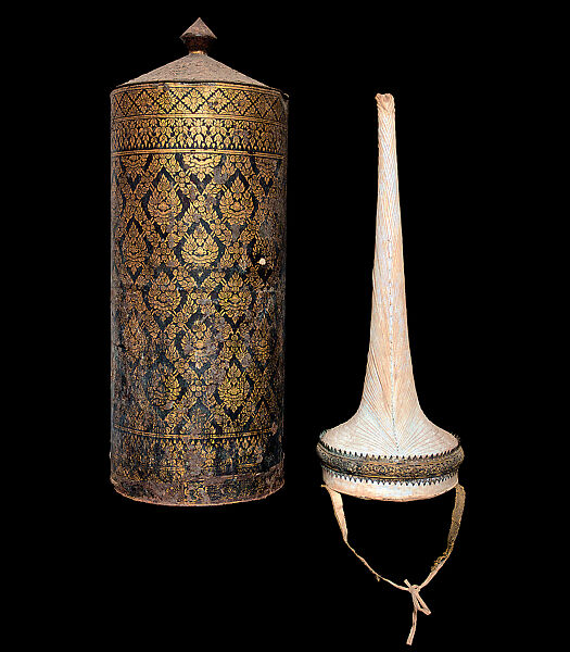 Siamese Hat of Rank and Case (Lompok), Hat: cotton (muslin) on rattan or bamboo armature, gilt metal band; case: tin with lacquer and gold, Thai 