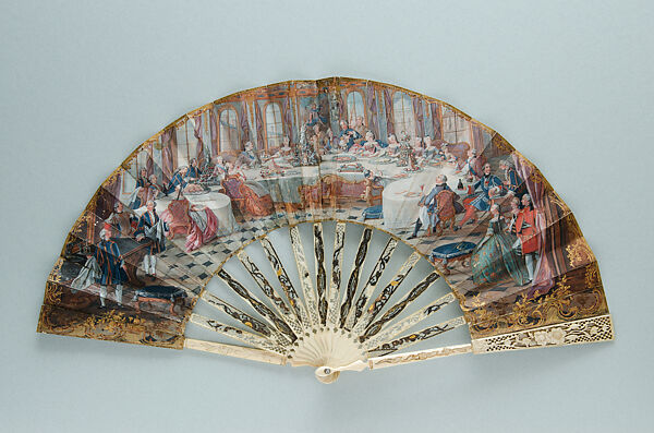 Louis XV with His Family during a “Grand Couvert”, Fan leaf: gouache on vellum doubled with paper; sticks and guards: engraved, gilded, and silvered ivory and mother of pearl, French 