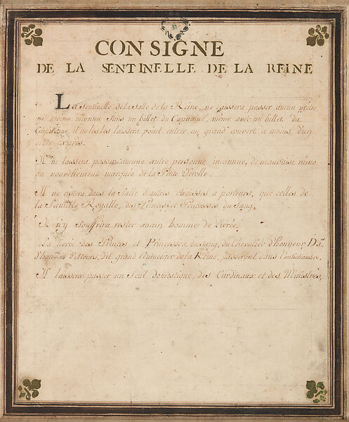 Orders for the Sentinel at the Queen’s Apartment, Stencil and manuscript, pen and brown ink, gold gouache, brush and wash with brown ink traced over pencil on cream paper, French 