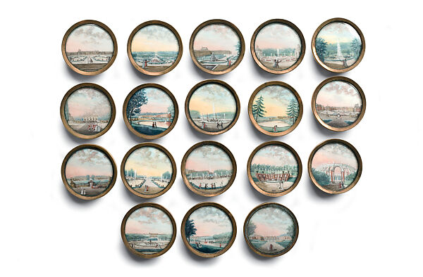 Set of Eighteen Buttons with Views of the Palace and Gardens of Versailles, Gouache on ivory; glass, French 