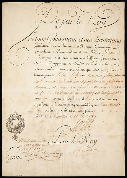 Passport Issued to Thomas Jefferson, Louis XVI, King of France (French, Versailles 1754–1793 Paris), Brown and black ink on paper, French 