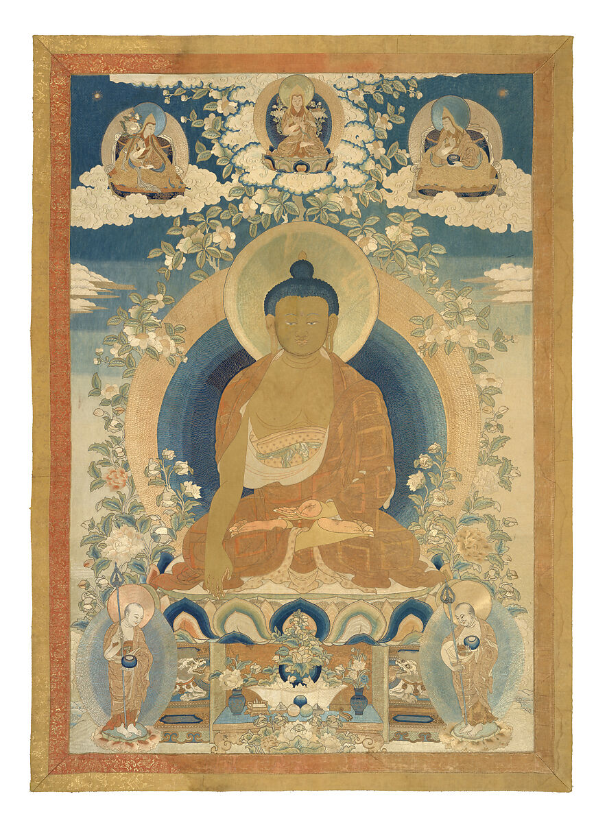 Buddha Shakyamuni with disciples, Silk and metal thread embroidery, China 