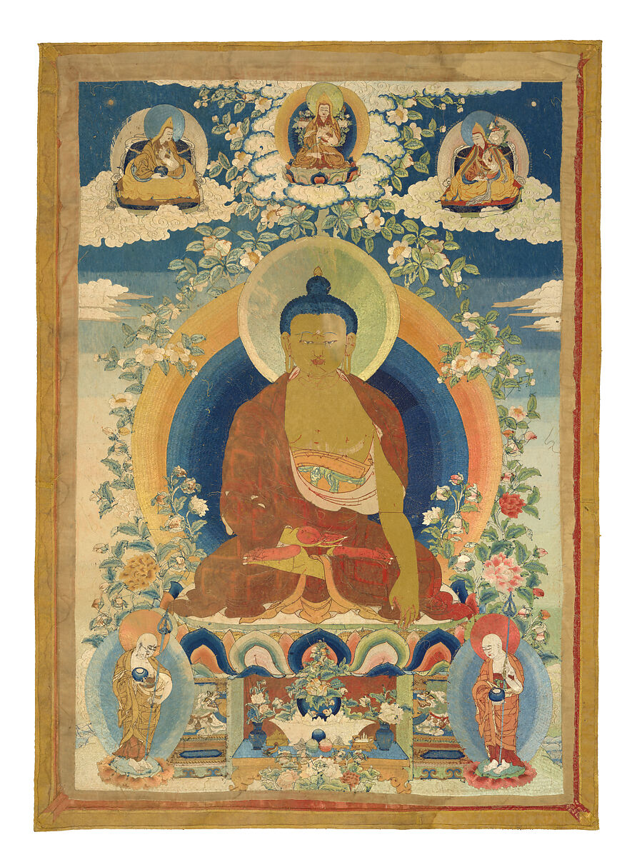 Buddha Shakyamuni with disciples, Silk and metal thread embroidery on silk twill, China