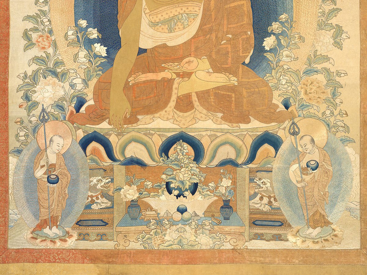 Buddha Shakyamuni with disciples, Silk and metal thread embroidery on silk twill, China