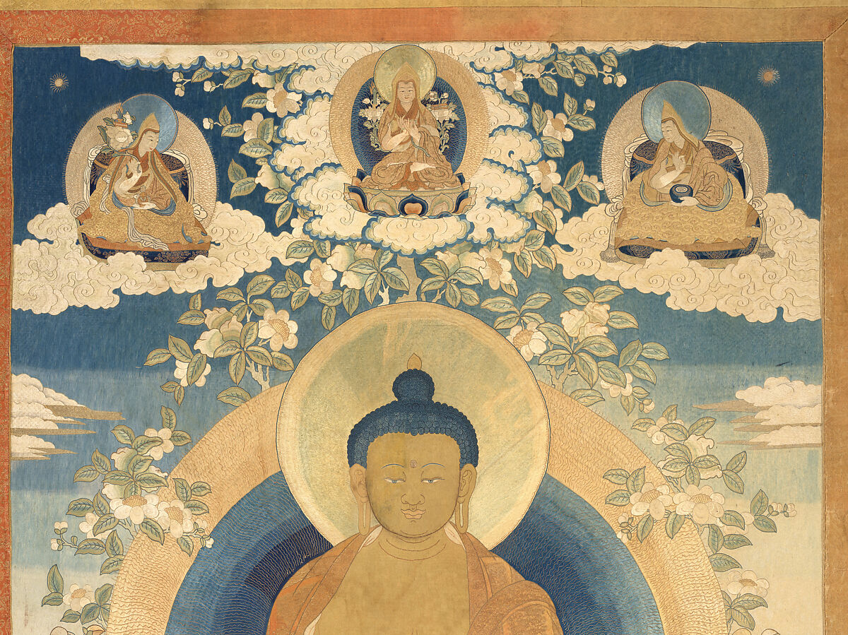 Buddha Shakyamuni with disciples, Silk and metal thread embroidery on silk twill, China