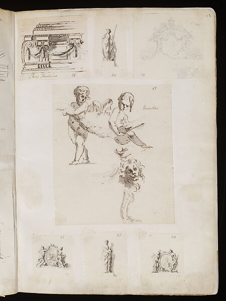 Two Winged Putti Holding a Garland and A Chair Leg, from The Franco-Italian Album, Sir William Chambers (British (born Sweden), Göteborg 1723–1796 London), Pen and ink, graphite and gray wash on paper; binding: full vellum binding with paper textblock 