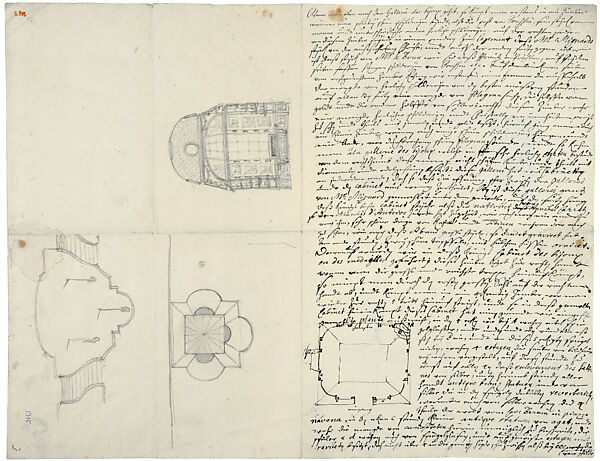 Sheet with Description, Floor Plan, and Elevation of Louis XIV’s Medals Cabinet (cabinet des bijoux or cabinet des médailles), Nicodemus Tessin, the Younger (Stockholm, 1654–1728), Pen and ink (right half) and graphite (left half) on cream-colored laid paper, Swedish 