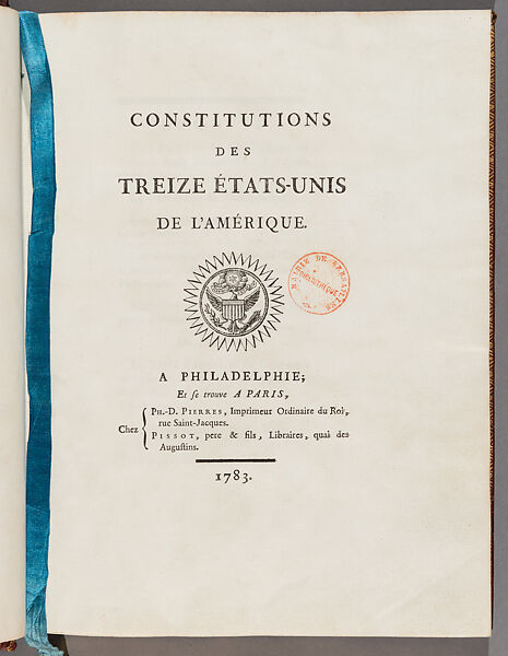 Constitutions des Treize Etats-Unis de l’Amérique (Constitutions of the Thirteen United States of America), Printed in Paris by Philippe Denis Pierres ; available at Pierres and, Red and green gold-tooled morocco leather, gilt, blue paper endleaves 