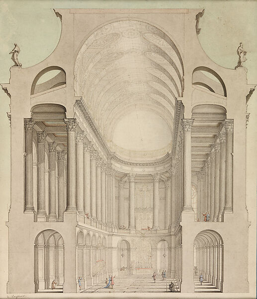 Section and Interior Perspective of the Royal Chapel, Chaufourier (French, Paris 1679–1757 St. Germaine-en-Laye), Pen and India ink, polychrome highlights over a graphite sketch on cream-colored paper 