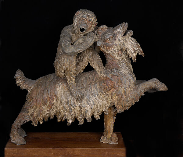 Monkey Riding a Goat, Pierre Le Gros the Elder (French, 1629–1714), Painted lead, French 