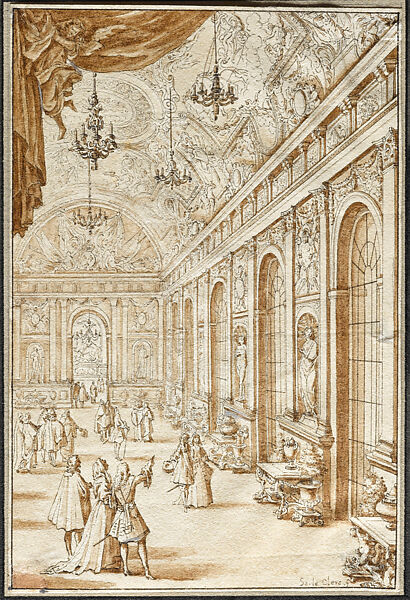 View of the Hall of Mirrors, Sébastien Leclerc I (French, Metz 1637–1714 Paris), Pen and brown ink, brown wash on paper 