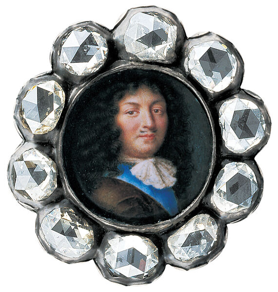 Bracelet Element with Miniature Portrait of Louis XIV, Jean Petitot (Swiss, Geneva 1607–1691 Geneva), Silver, gold, enamel, diamonds; miniature portrait: gouache on paper, crystal glass, French 