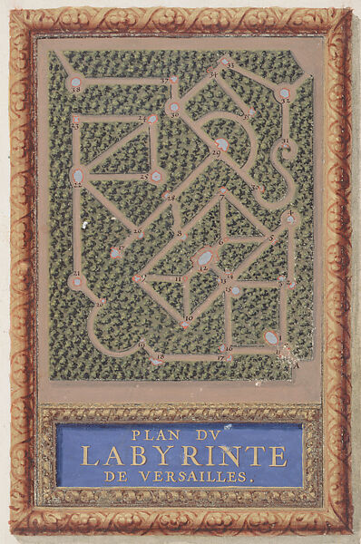 Le Labyrinte de Versailles, Written by Charles Perrault (French, Paris 1628–1703 Paris) and, Vellum, gouache, ink, gold; binding: red morocco leather, French 
