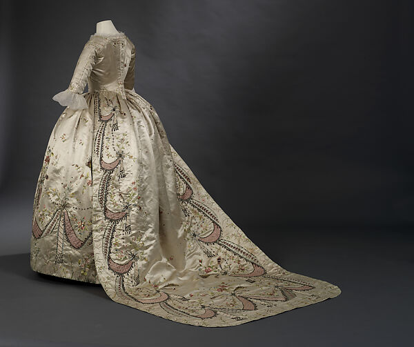 Formal Ball Gown (robe parée), Attributed to Marie-Jeanne "Rose" Bertin (French, 1747–1813), Silk satin, with silk embroidery, appliqués of satin; metallic threads, chenille, sequins, applied glass paste, French 