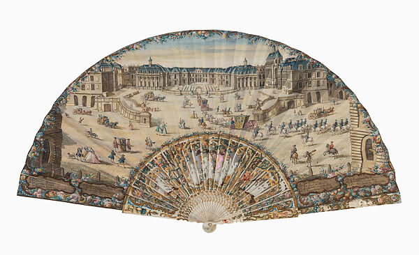 View of the Town and Château de Versailles, Single paper leaf, painted in gouache over engraving, with gilt paper trim; sticks and guards: carved and pierced ivory, decorated with gilding, gouache, and mother-of-pearl, French 