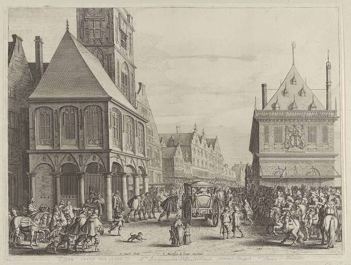 City magistrates taking leave of Marie de Medici before the town hall, from Caspar Barlaeus, "Medicea Hospes", Salomon Savery (Dutch, 1594–1678), Etching 