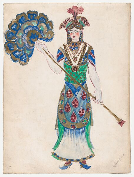 Costume Design for a Fan Bearer for the Ballet 'Coq d'Or', premiered at the Théâtre national de l’Opéra in Paris, 1924, Natalia Goncharova (French (born Russia), Nagaevo 1881–1962 Paris), Watercolor, graphite, and gold paint 