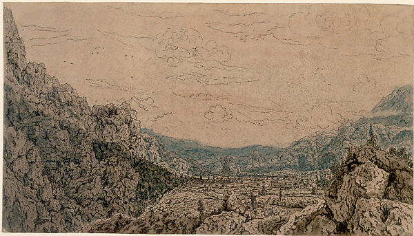 The Enclosed Valley, Hercules Segers (Dutch, ca. 1590–ca. 1638), Line etching printed on cloth with a creme tinted ground, colored with brush; first state of four 