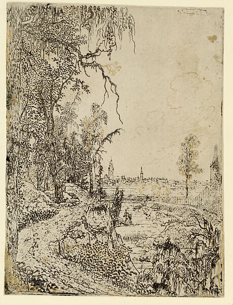 A Road Bordered by Trees, a City in the Background, Hercules Segers (Dutch, ca. 1590–ca. 1638), Lift-ground etching printed on cream tinted paper, pen and black ink (discolored) 