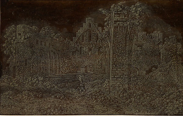 Ruins of the Abbey of Rijnsburg from the South, Large Version, Hercules Segers (Dutch, ca. 1590–ca. 1638), Line etching printed with tone and highlights in yellow-white, on a dark brown ground 