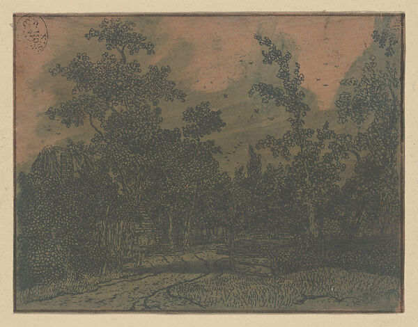Farm Building Surrounded by Trees and a Fence, Hercules Segers (Dutch, ca. 1590–ca. 1638), Line etching and drypoint in blue, on a pink ground, colored with brush; unique impression 