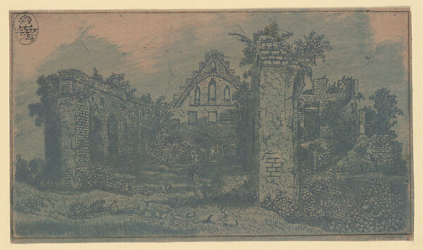 Ruins of the Abbey of Rijnsburg from the South, Small Version, Hercules Segers (Dutch, ca. 1590–ca. 1638), Line etching and drypoint printed in blue on a pink ground, colored with brush; second state of two 