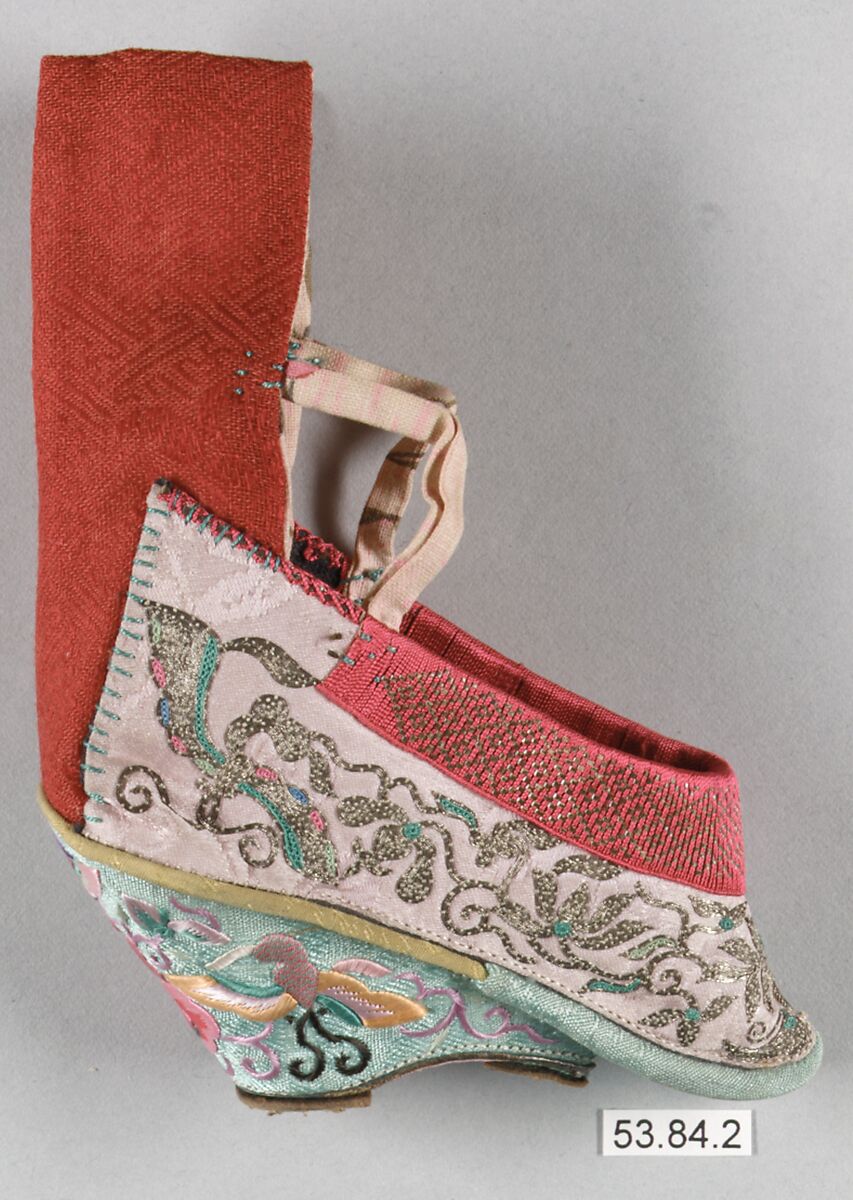 Woman's Shoe for Bound Feet, Silk, linen, leather, metallic thread, China 