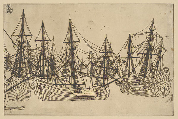Roadstead with Ten Ships and Little Boats, After Hercules Segers (Dutch, ca. 1590–ca. 1638), Line etching printed in brown; unique impression 