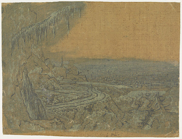 Distant View with a Road and Mossy Branches, Hercules Segers (Dutch, ca. 1590–ca. 1638), Counterproof of a line etching printed on cotton with a yellow-brown ground, colored with brush; first state of three 