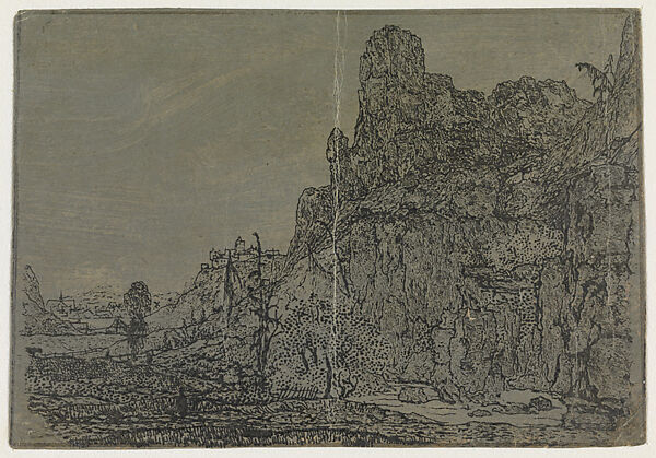 Landscape with a Steep Cliff and a Stream, Small Version, Hercules Segers (Dutch, ca. 1590–ca. 1638), Lift-ground etching and line etching printed on a blue-gray ground; second state of two 