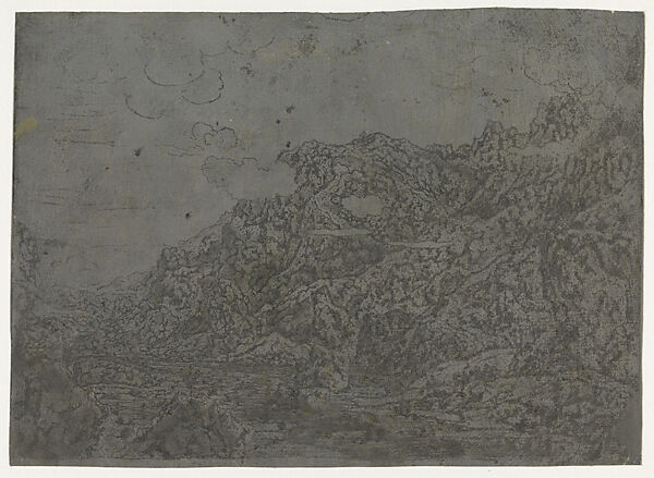 Rocky Landscape with Low Clouds, Hercules Segers (Dutch, ca. 1590–ca. 1638), Counterproof of a line etching and drypoint printed on a grey ground; unique impression 