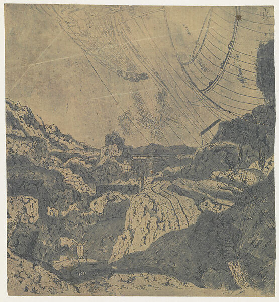 Rocky Landscape with a Gorge, First Version, Hercules Segers (Dutch, ca. 1590–ca. 1638), Line etching and drypoint printed in blue, on a pink ground; second state of two 
