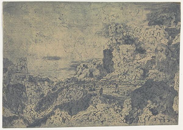 Mountain Valley with a Plateau, Hercules Segers (Dutch, ca. 1590–ca. 1638), Line etching and drypoint printed in blue, on a pink ground; first state of two 