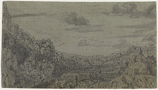 The Enclosed Valley, Hercules Segers (Dutch, ca. 1590–ca. 1638), Line etching printed on linen with a grey ground, colored with brush; first state of four 